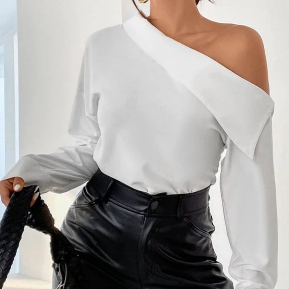CHIC Asymmetrical Neck 1 off shoulder Blouse Top White - Picture 6 of 7